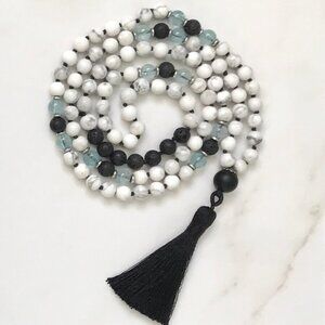 White Howlite Topaz Lava Mala with Black Tassel